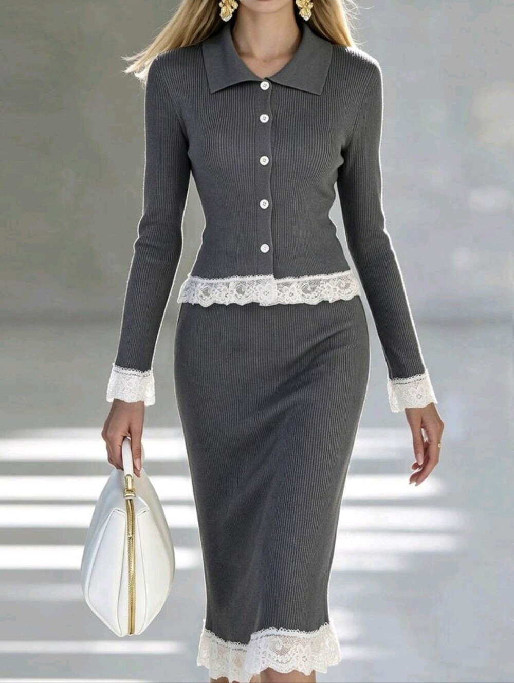 Contrast Lace Trim Cardigan & Knit Skirt